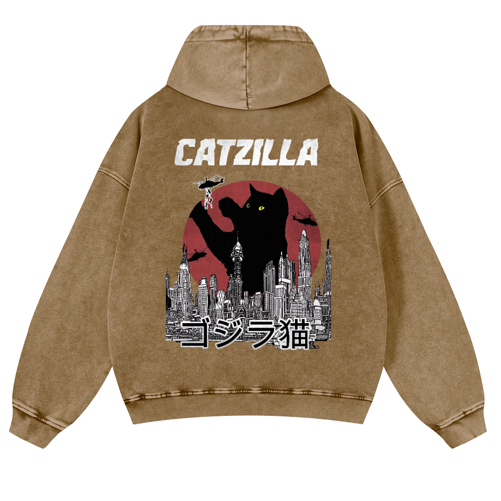 Catzilla Cat Godzilla Vintage Washed Cotton Back Art Hoodie