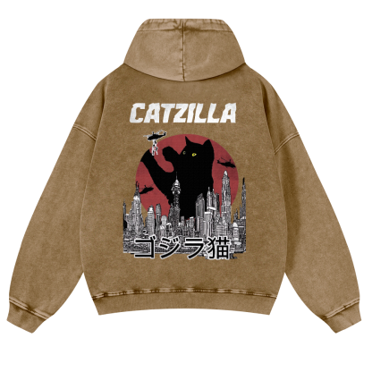 Catzilla Cat Godzilla Vintage Washed Cotton Back Art Hoodie