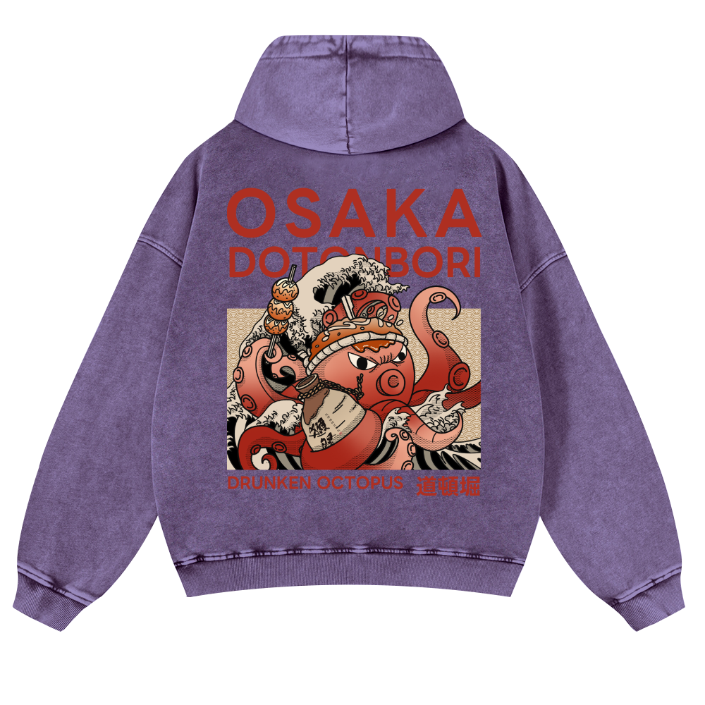 Osaka Dotonbori Drunken Octopus Vintage Washed Cotton Back Art Hoodie
