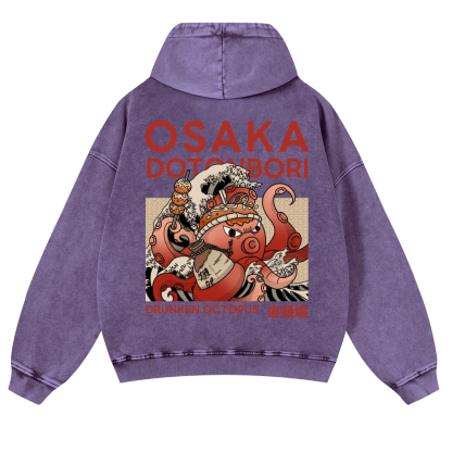 Osaka Dotonbori Drunken Octopus Vintage Washed Cotton Back Art Hoodie