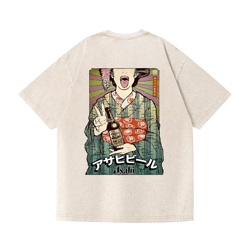 Asahi Breweries Beer Vintage Wash Japanese Design Back Art T-Shirt