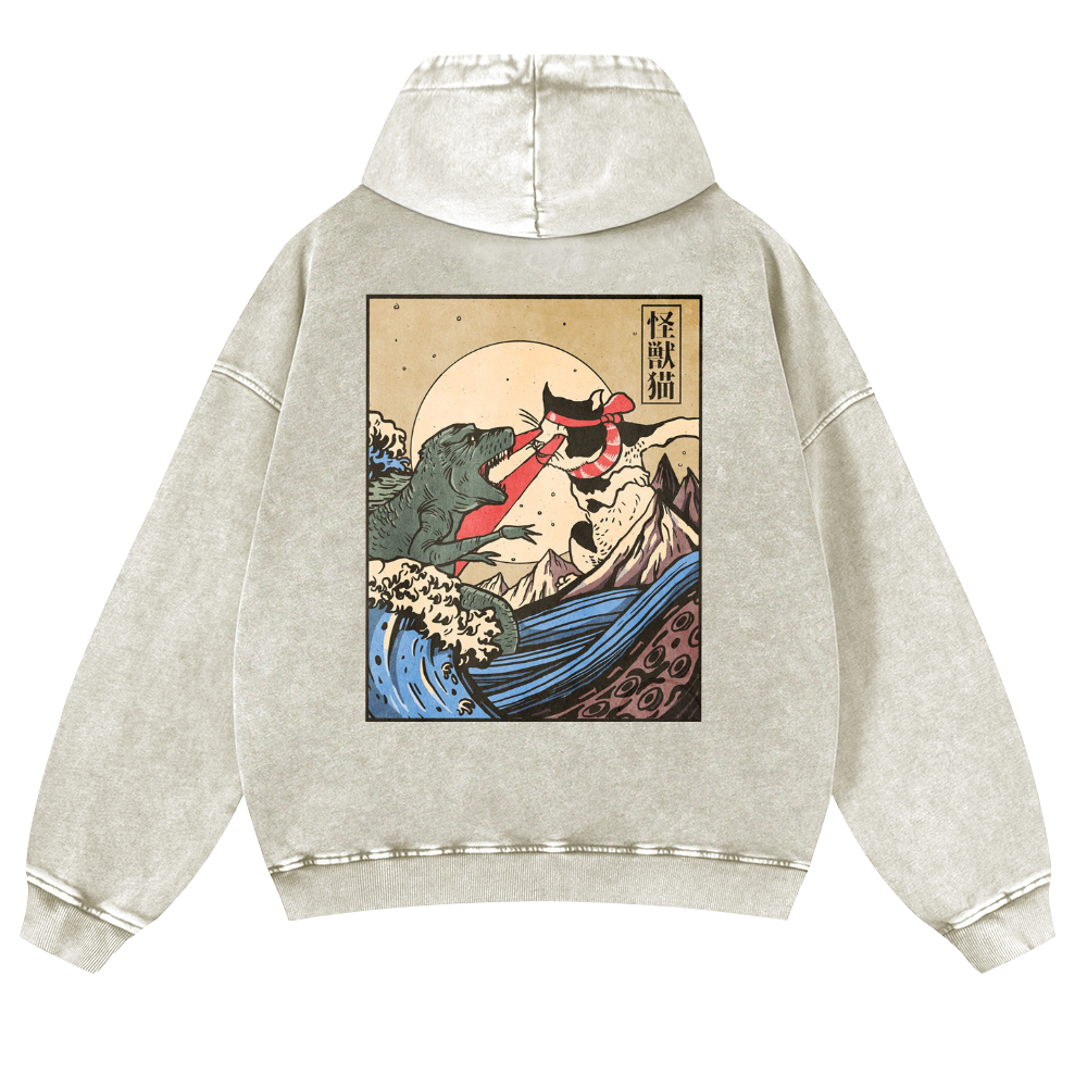 Cat Vintage Washed Cotton Back Art Hoodie