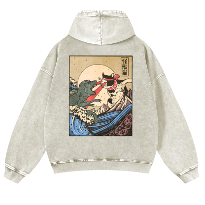 Cat Vintage Washed Cotton Back Art Hoodie