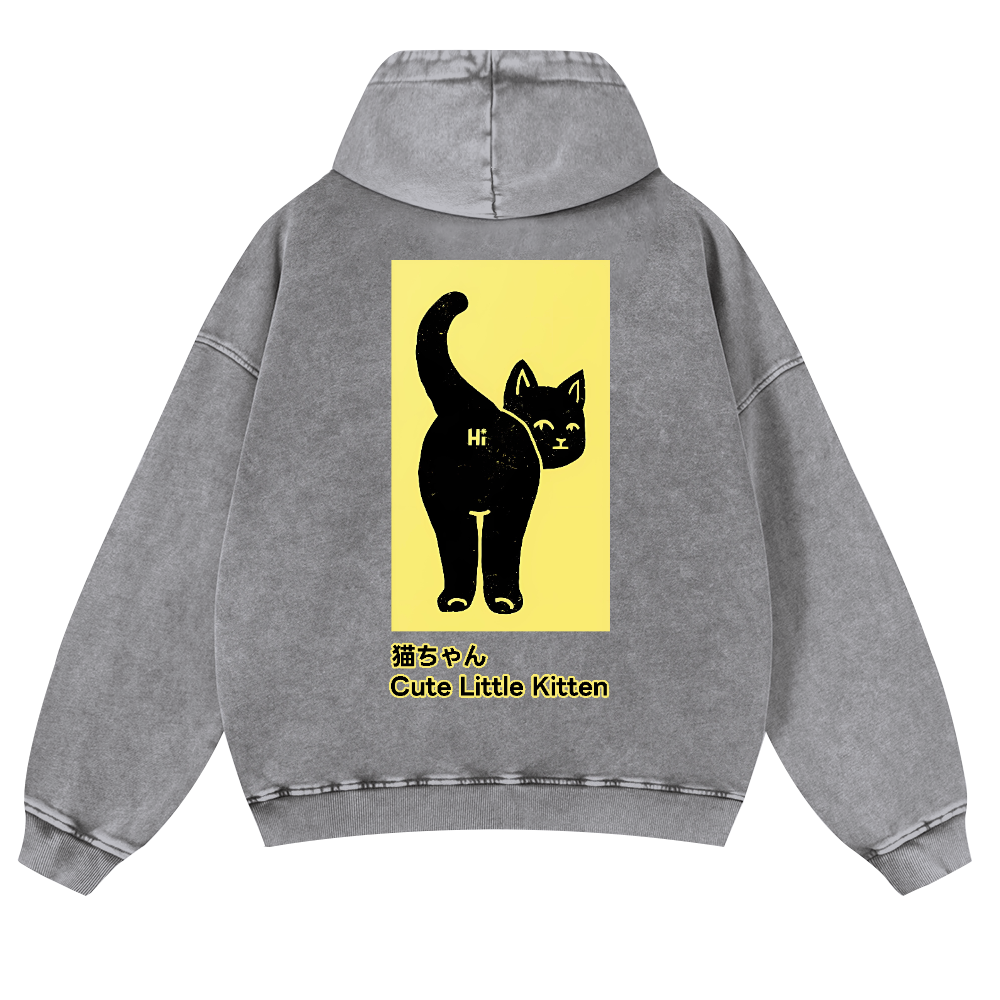 Cute Little Kitten Black Cat Vintage Washed Cotton Back Art Hoodie