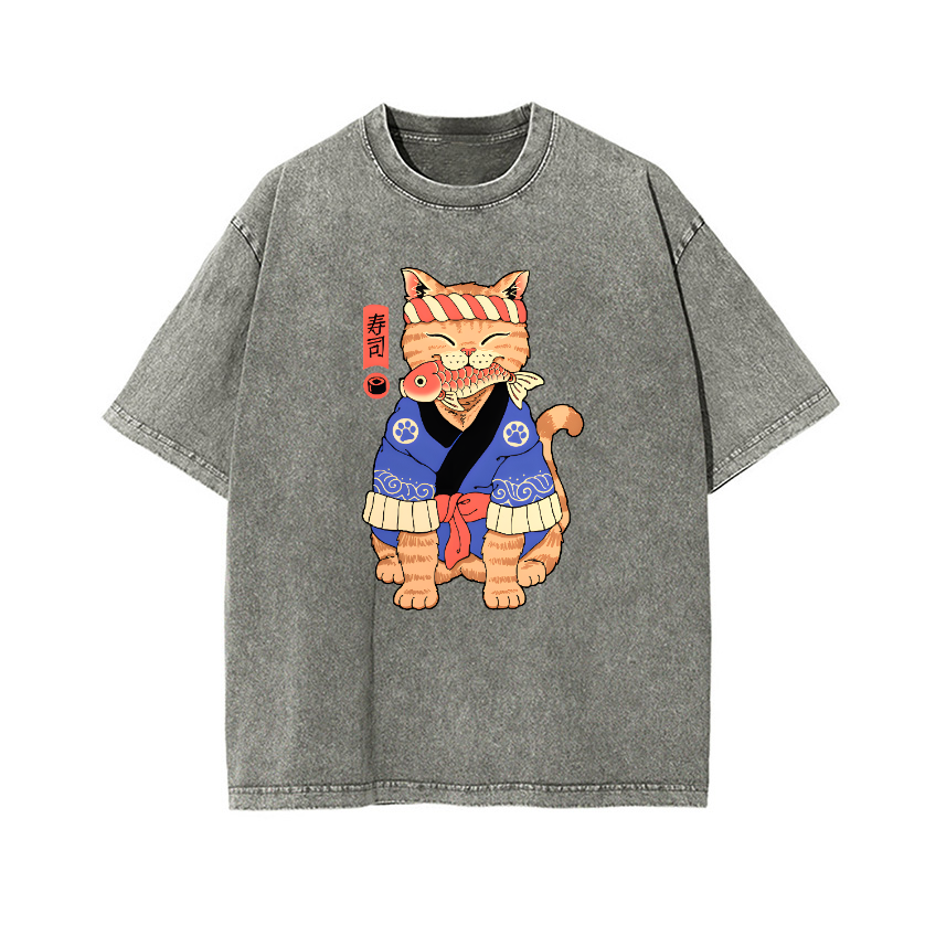 Cat Vintage Wash Japanese Design T-Shirt