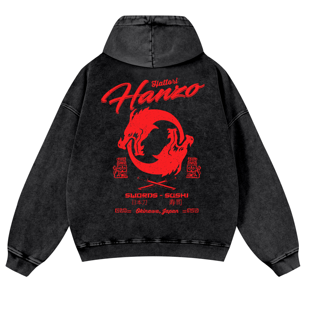 Okinawa Japan Hattori Hanzo Vintage Washed Cotton Back Art Hoodie