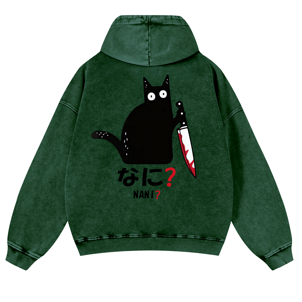 The Black Cat with a Knife Vintage Washed Cotton Back Art Hoodie