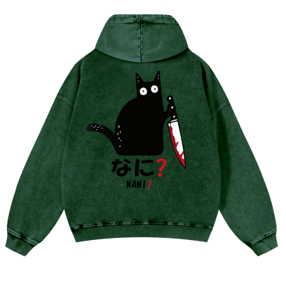The Black Cat with a Knife Vintage Washed Cotton Back Art Hoodie