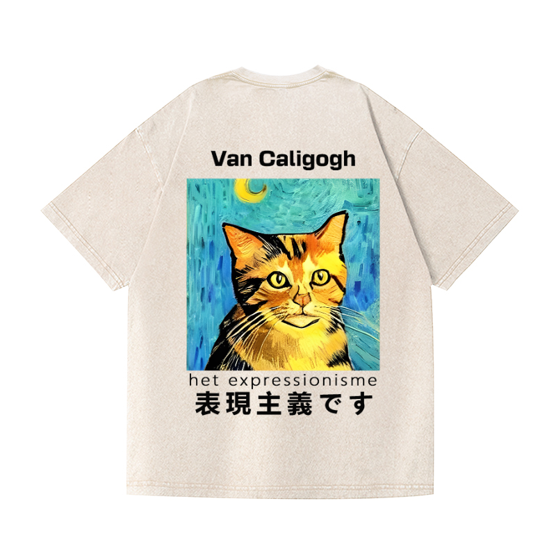 Cat Van Caligogh Vintage Wash Japanese Design Back Art T-Shirt