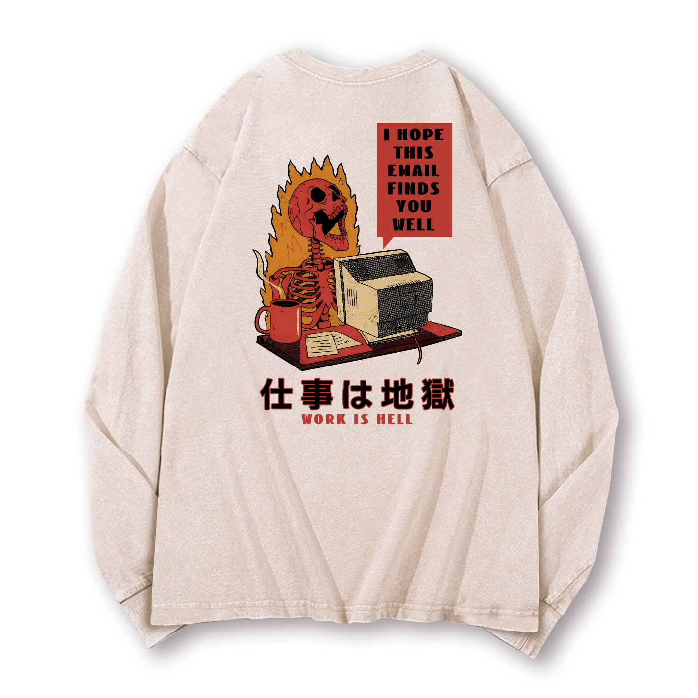 Skull Work Is Hell Vintage Washed Cotton Back Art Long-sleeve T-shirt