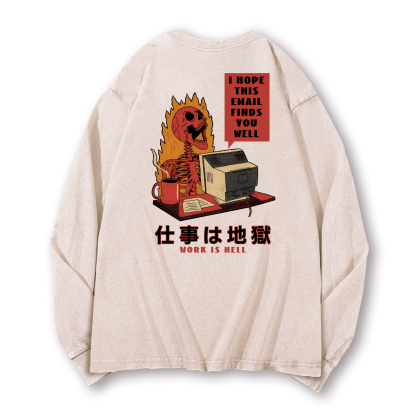 Skull Work Is Hell Vintage Washed Cotton Back Art Long-sleeve T-shirt