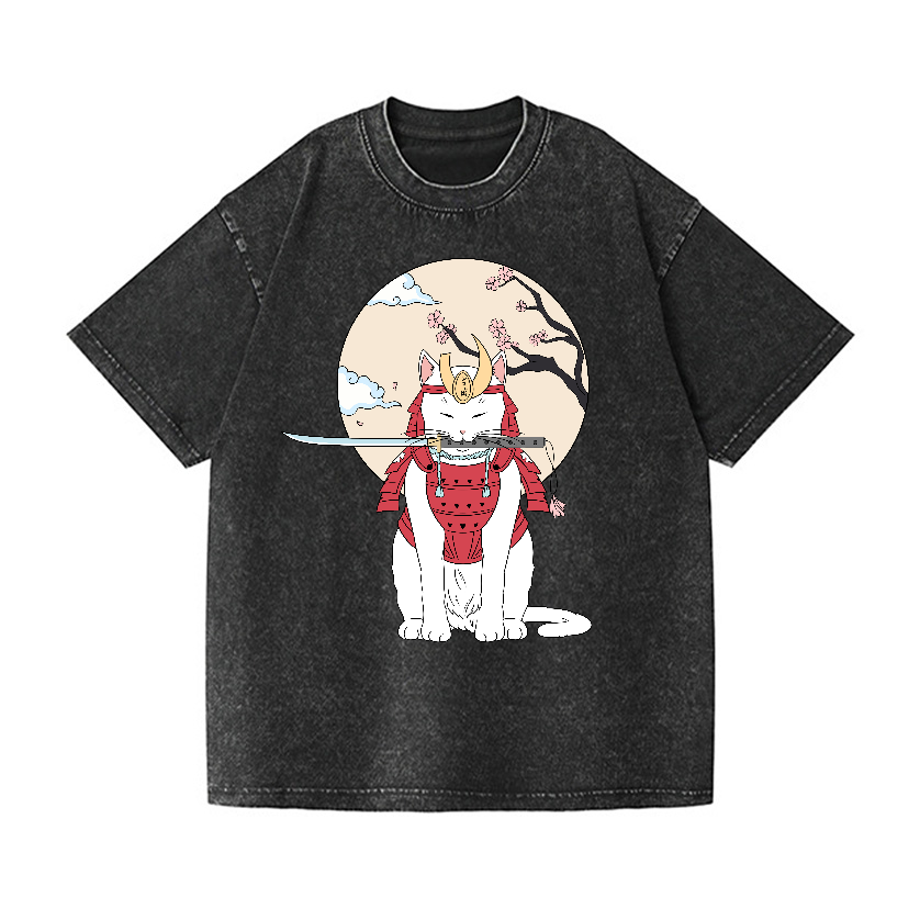 Samurai Cat Vintage Wash Japanese Design T-Shirt