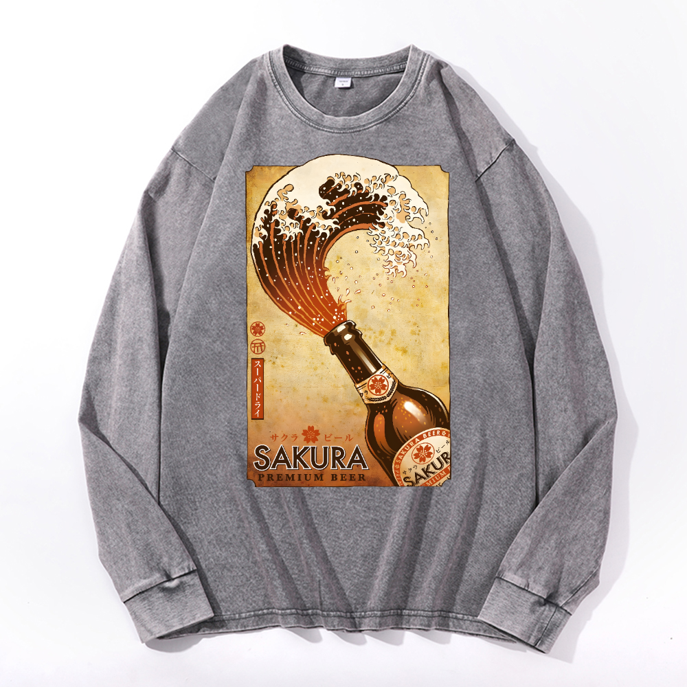 Sakura Wave Vintage Cotton Wash Crewneck Sweatshirt