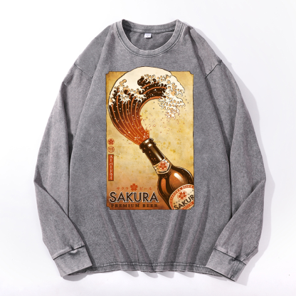 Sakura Wave Vintage Cotton Wash Crewneck Sweatshirt
