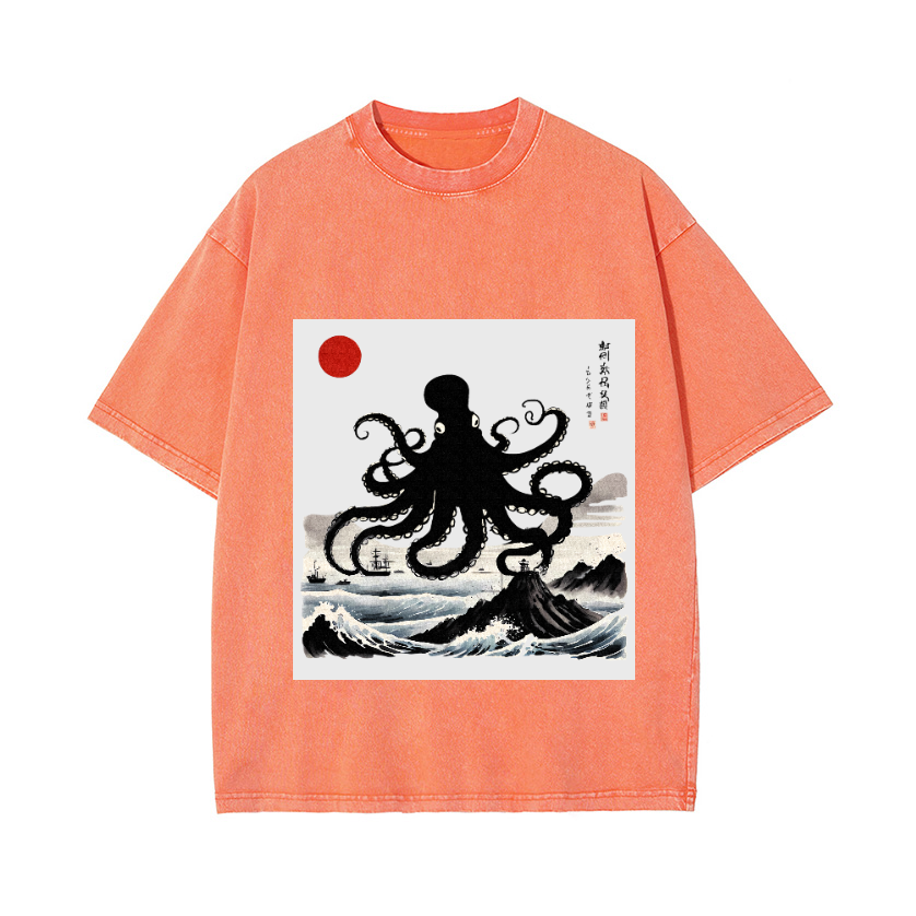 The Giant Octopus in the Sea Vintage Wash Japanese Design T-Shirt