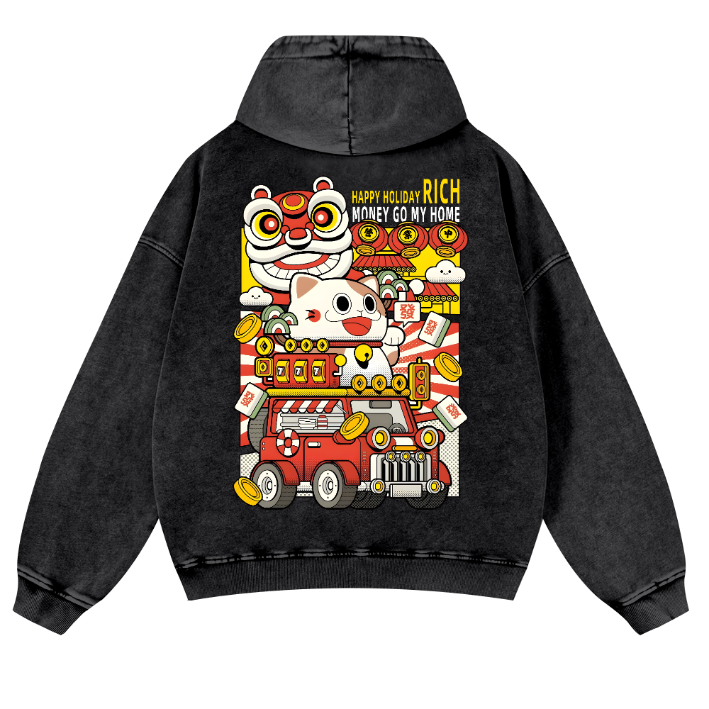Cat Vintage Washed Cotton Back Art Hoodie
