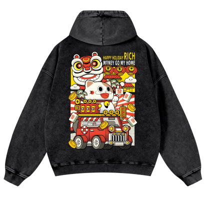 Cat Vintage Washed Cotton Back Art Hoodie