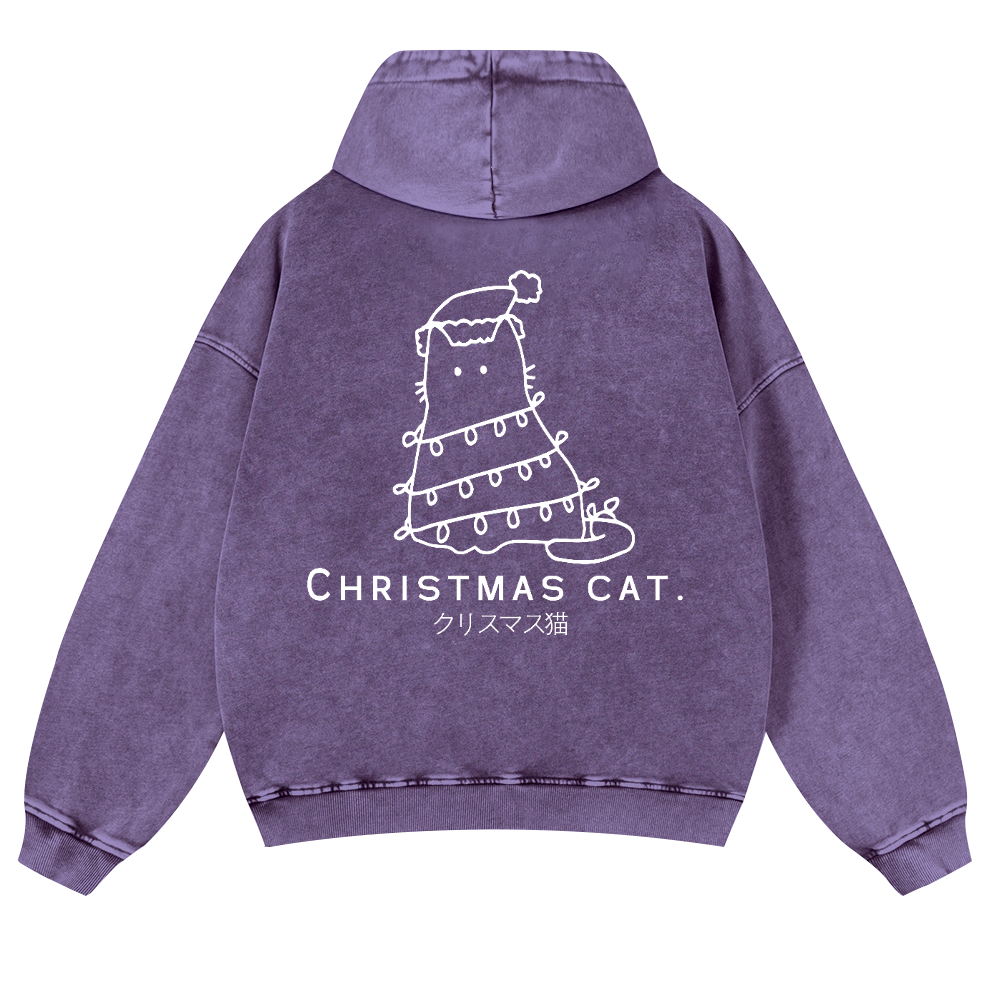 Christmas Cat Vintage Washed Cotton Back Art Hoodie