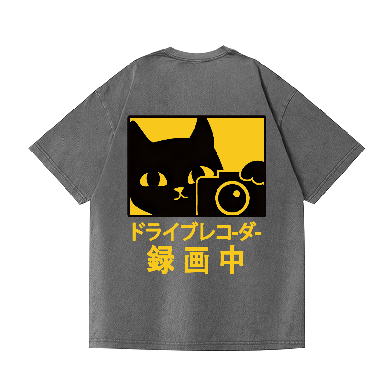 Cat Camera Vintage Wash Japanese Design Back Art T-Shirt