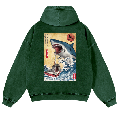 Shark Ukiyoe Vintage Washed Cotton Back Art Hoodie