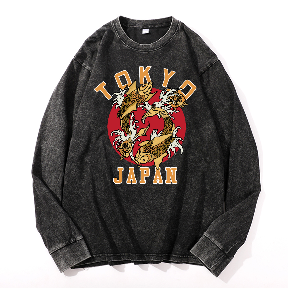 Tokyo Japan Fish Vintage Cotton Wash Crewneck Sweatshirt