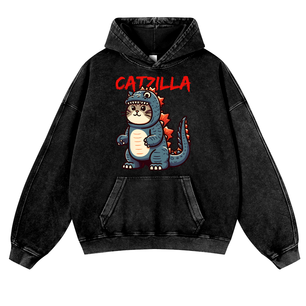 Catzilla Cat Godzilla Vintage Washed Thick Cotton Hoodie