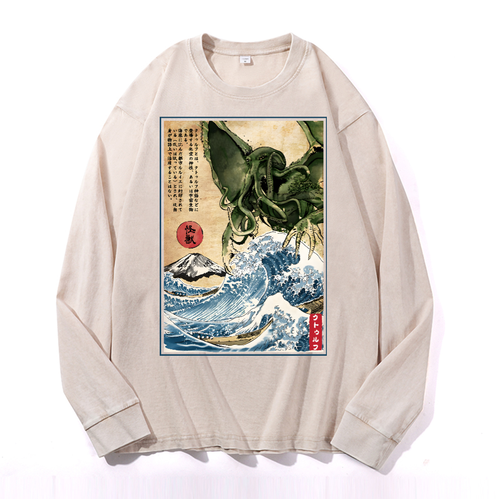 Octopus Ukiyoe Wave Vintage Cotton Wash Crewneck Sweatshirt
