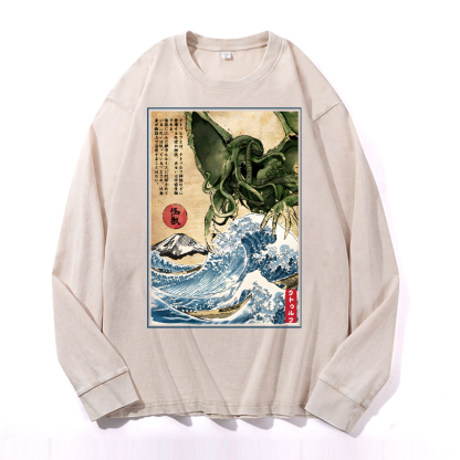 Octopus Ukiyoe Wave Vintage Cotton Wash Crewneck Sweatshirt