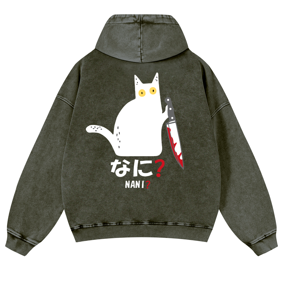 The Black Cat with a Knife Vintage Washed Cotton Back Art Hoodie