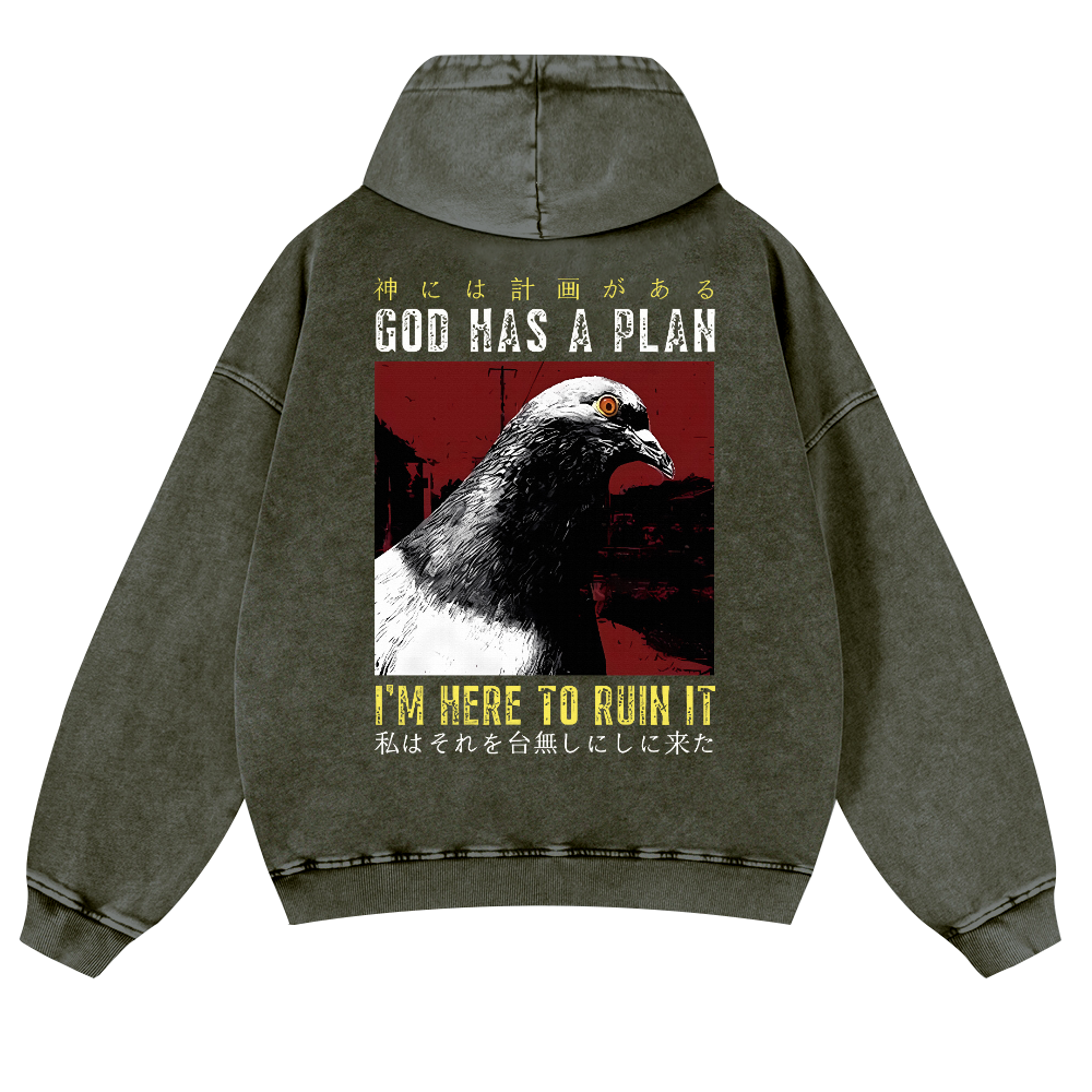 Pigeon Vintage Washed Cotton Back Art Hoodie