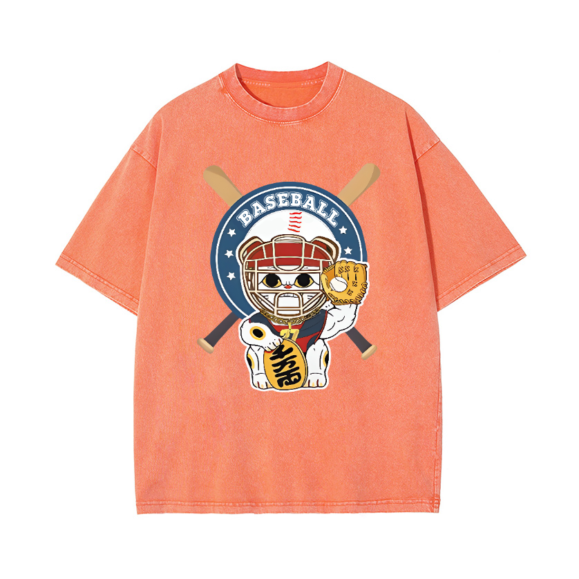 Baseball Maneki Neko Vintage Wash Japanese Design T-Shirt