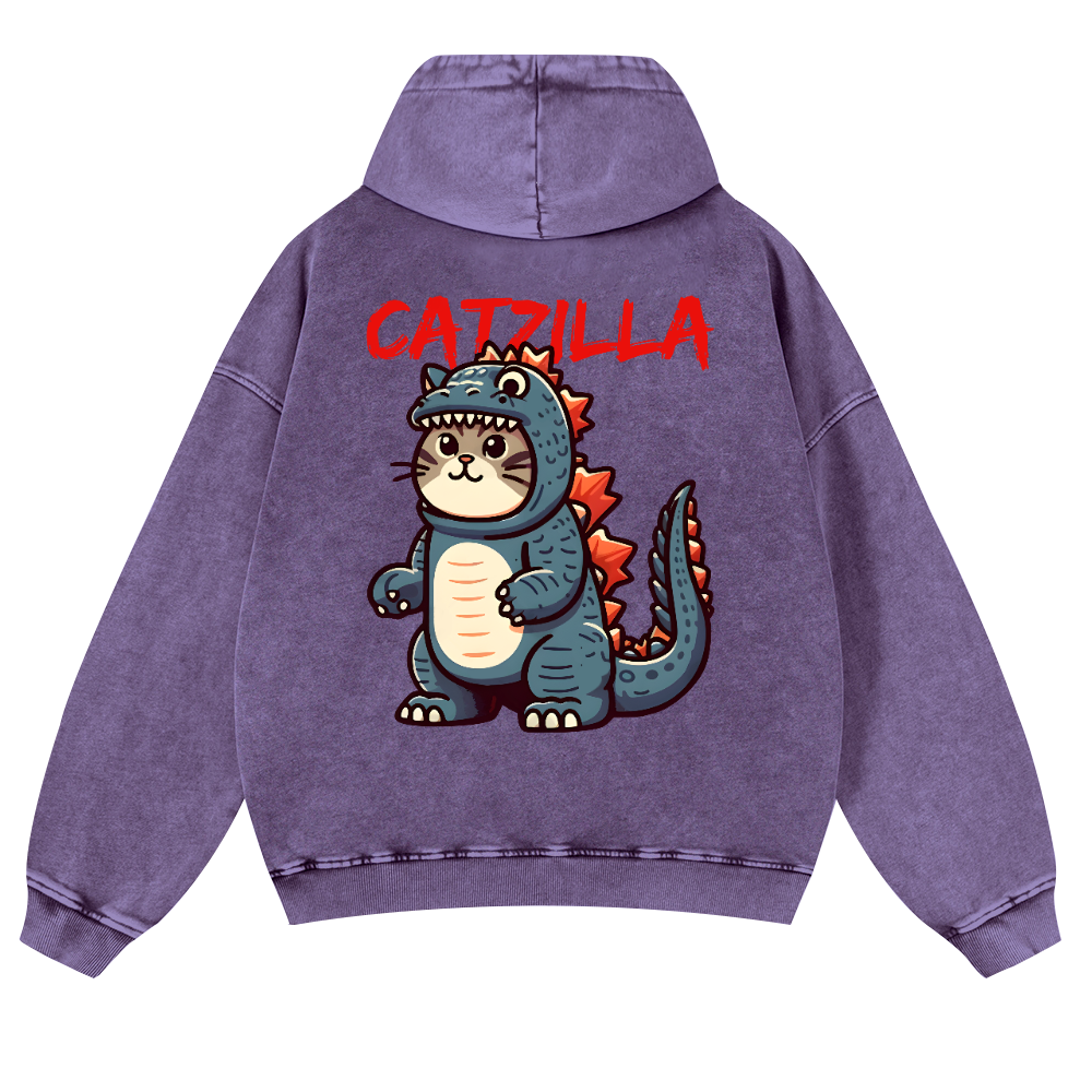 Cat Godzilla Catzilla Vintage Washed Cotton Back Art Hoodie