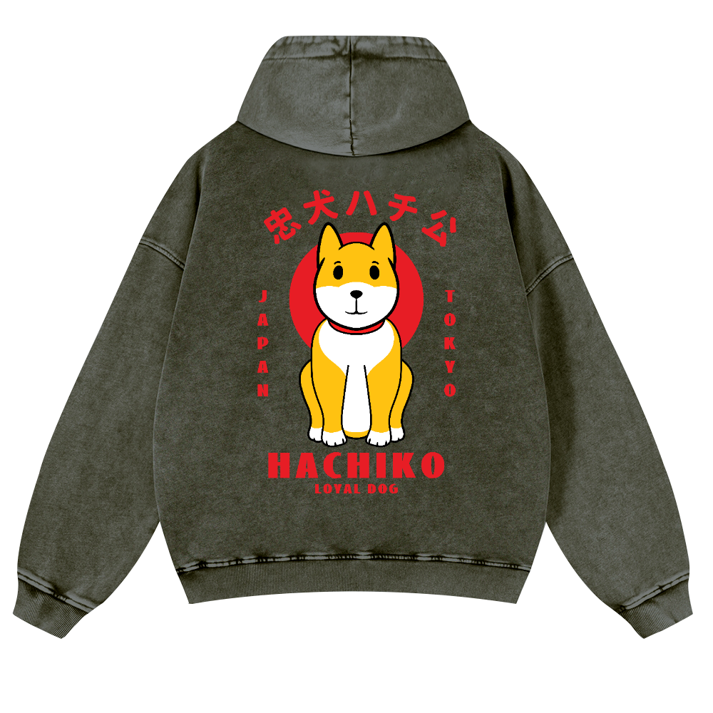 Hachiko Vintage Washed Cotton Back Art Hoodie