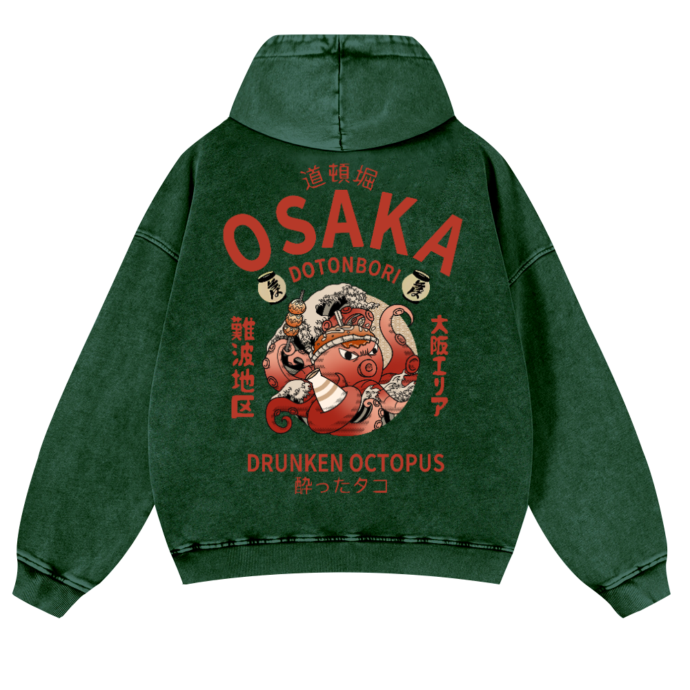 Osaka Dotonbori Drunken Octopus Vintage Washed Cotton Back Art Hoodie