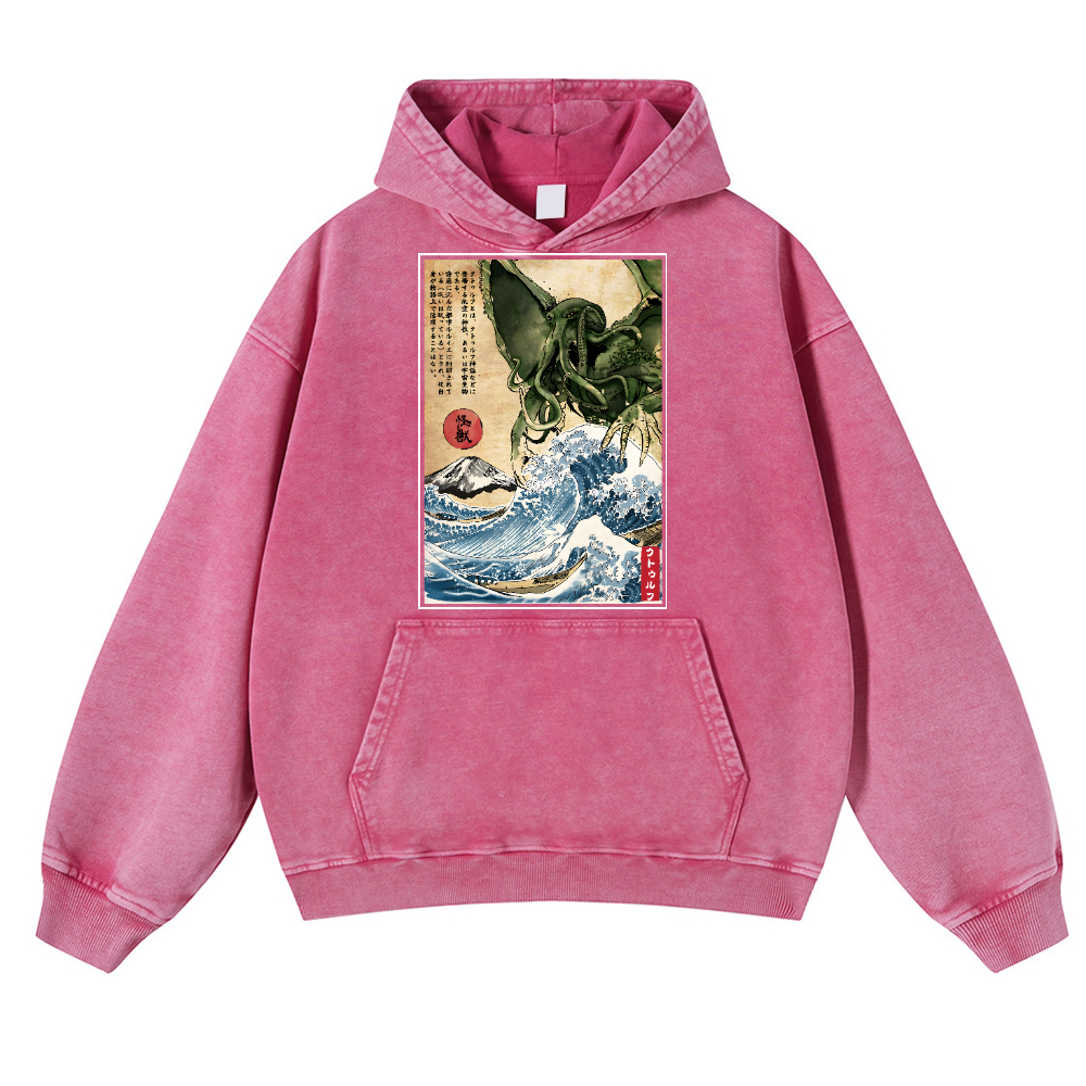 Octopus Ukiyoe Vintage Washed Thick Cotton Hoodie