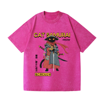 Cat Samurai Vintage Wash Japanese Design T-Shirt