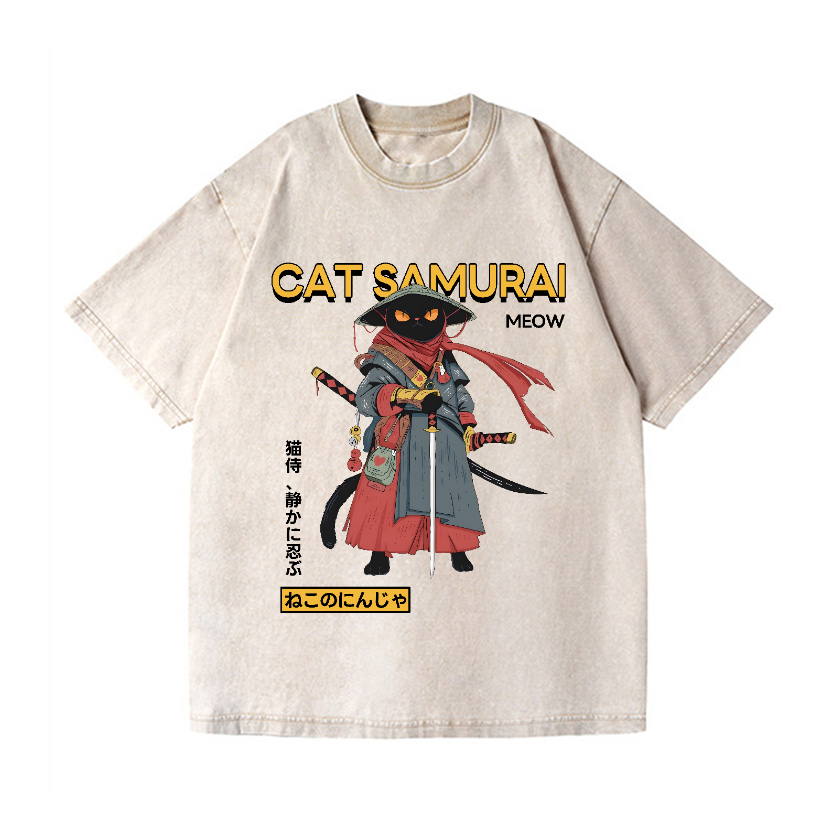 Cat Samurai Vintage Wash Japanese Design T-Shirt