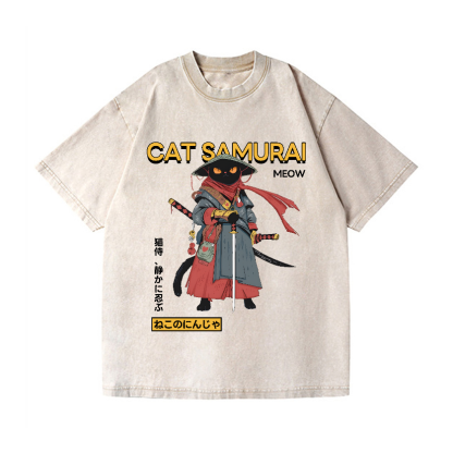 Cat Samurai Vintage Wash Japanese Design T-Shirt