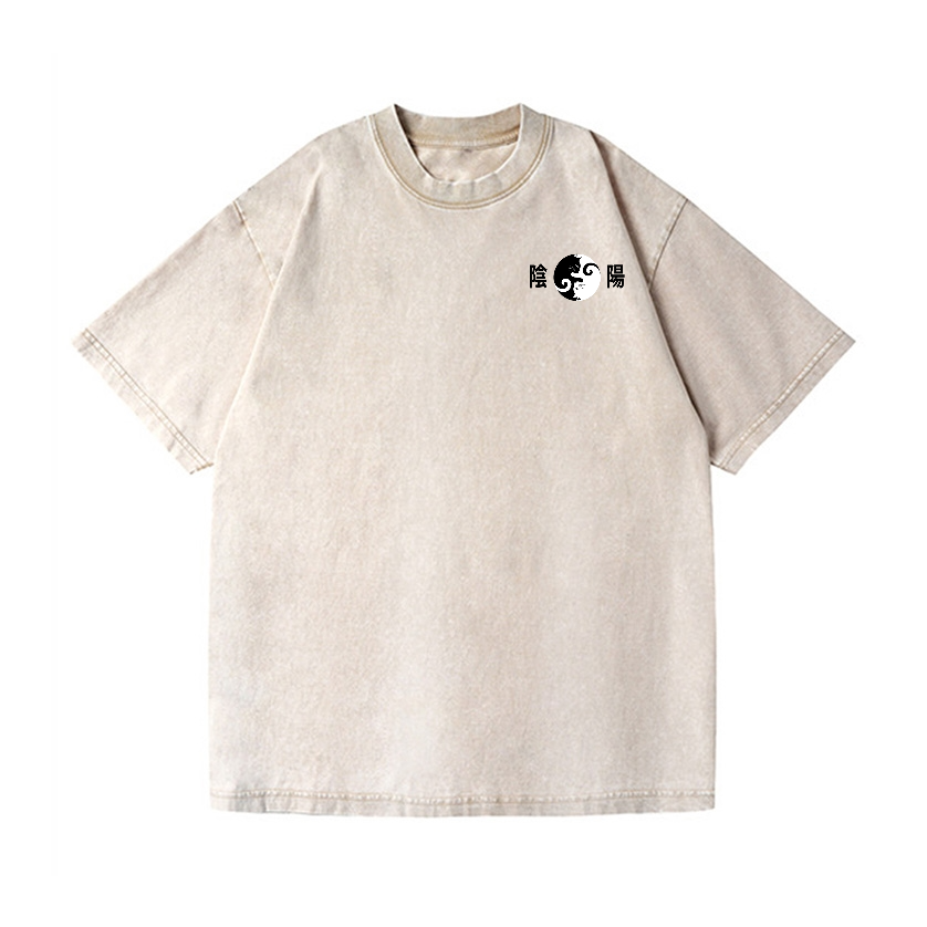 Yin-yang Cat Vintage Wash Japanese Design Back Art T-Shirt