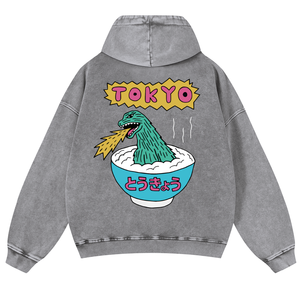 Godzilla The Monster Rice of Tokyo Vintage Washed Cotton Back Art Hoodie