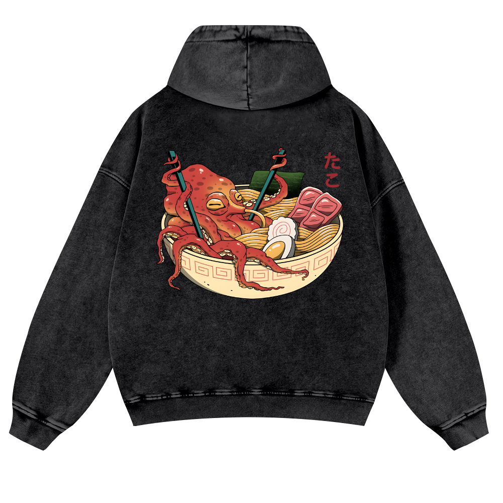 Ramen Octopus Vintage Washed Cotton Back Art Hoodie