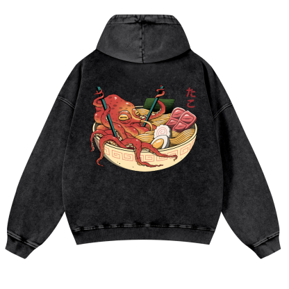 Ramen Octopus Vintage Washed Cotton Back Art Hoodie