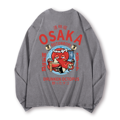 Osaka Dotonbori Drunken Octopus Vintage Washed Cotton Back Art Long-sleeve T-shirt