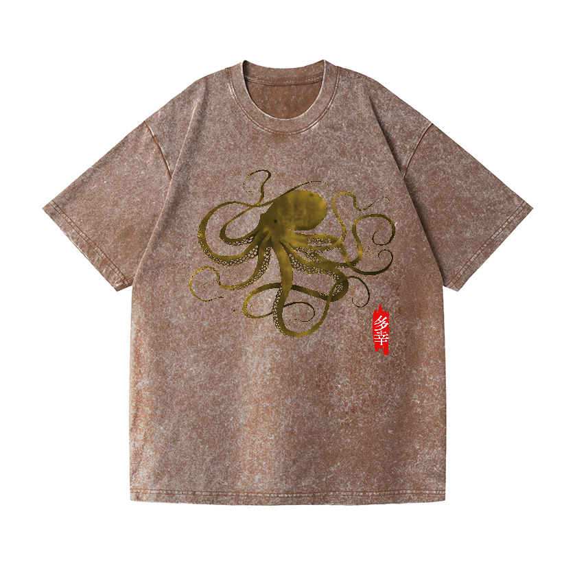 Octopus Calligraphy Vintage Wash Japanese Design T-Shirt