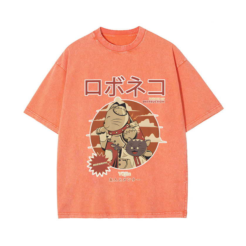 Cat Robot Vintage Wash Japanese Design T-Shirt