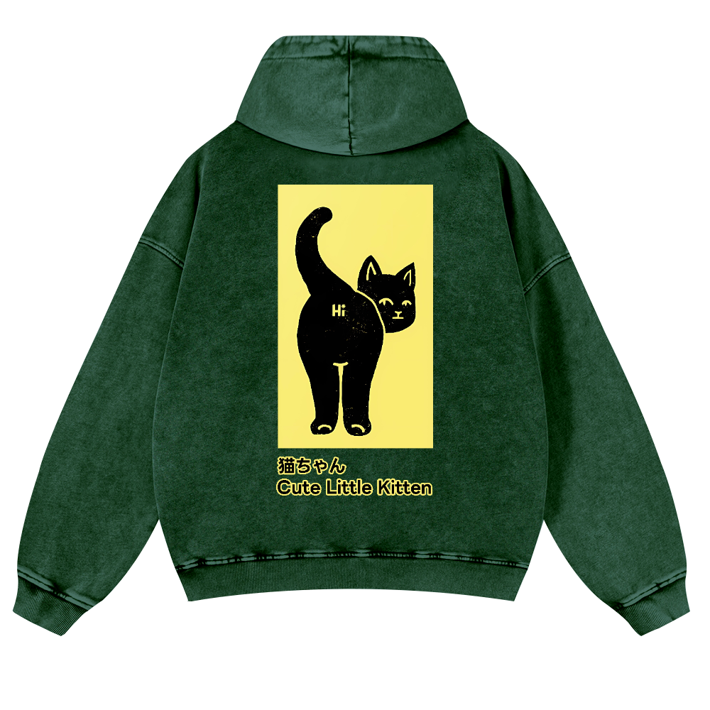 Cute Little Kitten Black Cat Vintage Washed Cotton Back Art Hoodie