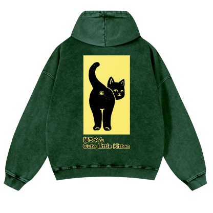 Cute Little Kitten Black Cat Vintage Washed Cotton Back Art Hoodie