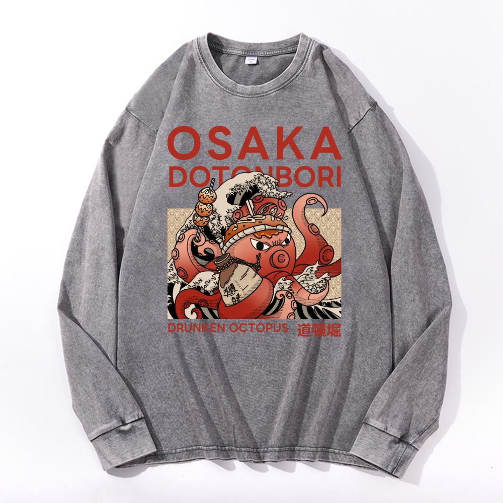 Osaka Dotonbori Drunken Octopus Vintage Cotton Wash Crewneck Sweatshirt