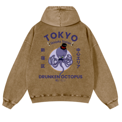 Tokyo Drunken Octopus Vintage Washed Cotton Back Art Hoodie