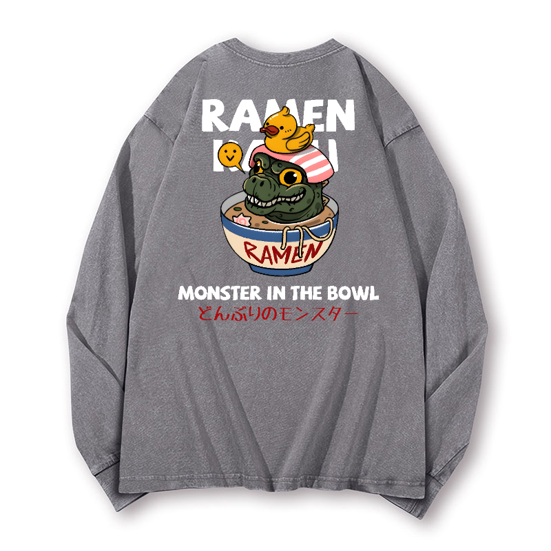 Ramen Godzilla Vintage Washed Cotton Back Art Long-sleeve T-shirt